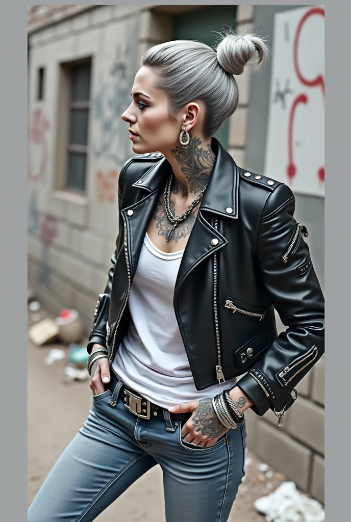 russian milf woman, grey  hair (top pouf, shaved sides, bun), with very light blue eyes, extremely pale skin. All neck tattooed. All stomach tattoed. All hands tattooed.Wearing cropped aged black moto jacket with lots of zippers and pins, flipped up collar. Dark blue skinny  low rise jeans.. wide black studded belt. Leaning back on a graffitied brick wall with hands in pockets, chin up, stretching her neck , humble facial expression.. Listening with tilted head, looking up to somebody more clever  speaking to her. Well toned abdominals, thin neck, slim legs and thin arms. Narrow hips. Dirt street in Kenyan village full of waste. Lots of silver bracelets. A lot of tanned fat women  in traditional dresses around looking down at her