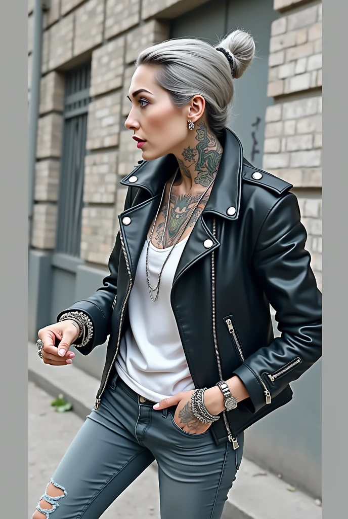 russian milf woman, grey  hair (top pouf, shaved sides, bun), with very light blue eyes, extremely pale skin. All neck tattooed. All stomach tattoed. All hands tattooed.Wearing cropped aged black moto jacket with lots of zippers and pins, flipped up collar. Dark blue skinny  low rise jeans.. wide black studded belt. Leaning back on a graffitied brick wall with hands in pockets, chin up, stretching her neck , humble facial expression.. Listening with tilted head, looking up to somebody more clever  speaking to her. Well toned abdominals, thin neck, slim legs and thin arms. Narrow ????. Dirt street in Kenyan village full of waste. Lots of silver bracelets. A lot of tanned fat women  in traditional dresses around looking down at her