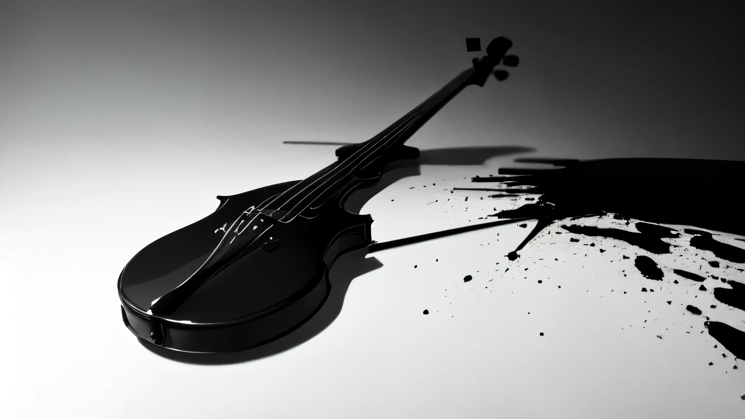 simple background, monochrome, horror (theme) there is a broken violin in the picture, black paint splatted, violin