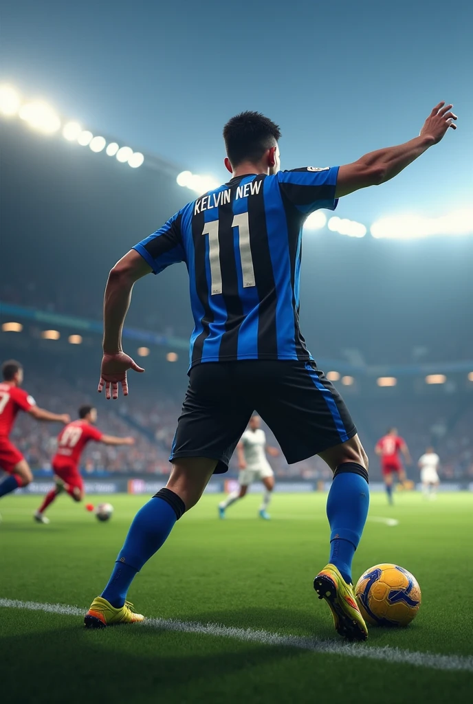 The player with the back close to takes a free kick with number 11 called Kelvin new with a blue and black and white striped shirt a guy with the back