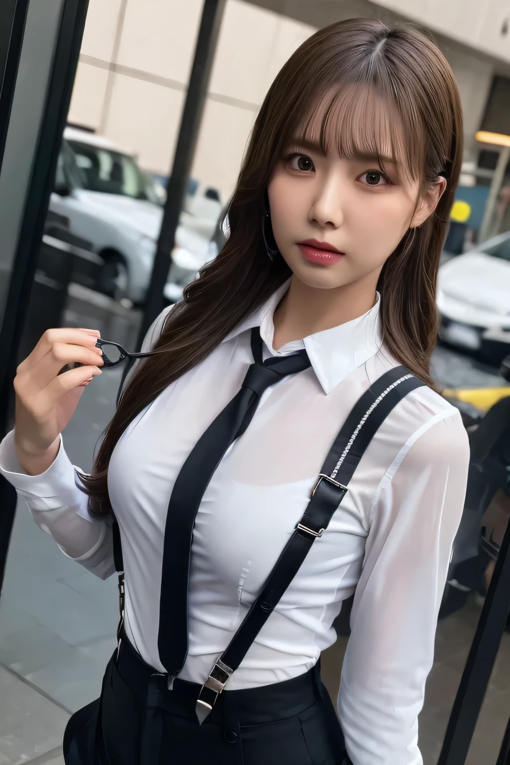 a woman in a suit, belt, hands behind back, sweating, suspenders, black pants, sexly, large breasts, see-through clothing, rain, detective, office worker, white button-up shirt, (best quality,4K,8k,highres,masterpiece:1.2),ultra-detailed,(realistic,photorealistic,photo-realistic:1.37),hyper-detailed,highly detailed face and body, Slender　thin　suspenders　Moderate breasts　See-through shirt　Nipples　holster　chain　Pistol　Armament　criminal　Female criminal　knife