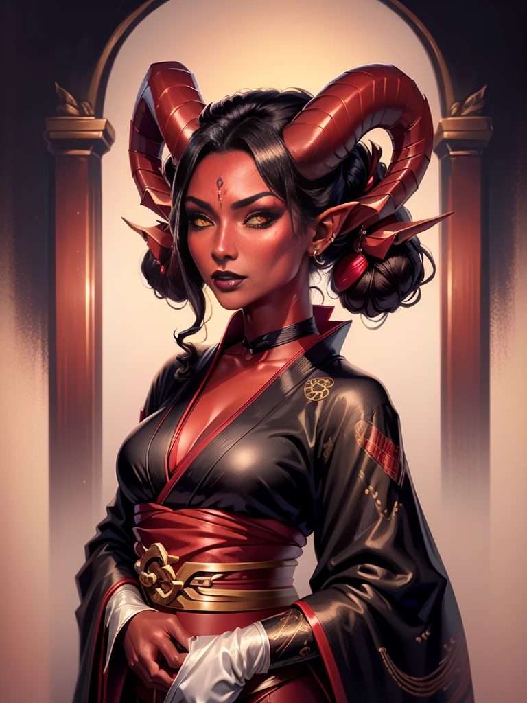 1girl, female, solo, tiefling, ((red skin, red colored skin, deep red skin)), Woman, jewelery, ear piercings, (, straight black horns, black oni horns), black hair, long hair, yellow eyes, black lips, choker, goth, horn ornament, armour, ((master piece, best quality)), horns, pointed ears, make-up, black lipstick, (face detailed), face focus, portrait, fully body, wearing black kimono, long flowing kimono, natural breasts, medium breasts, (red skin)