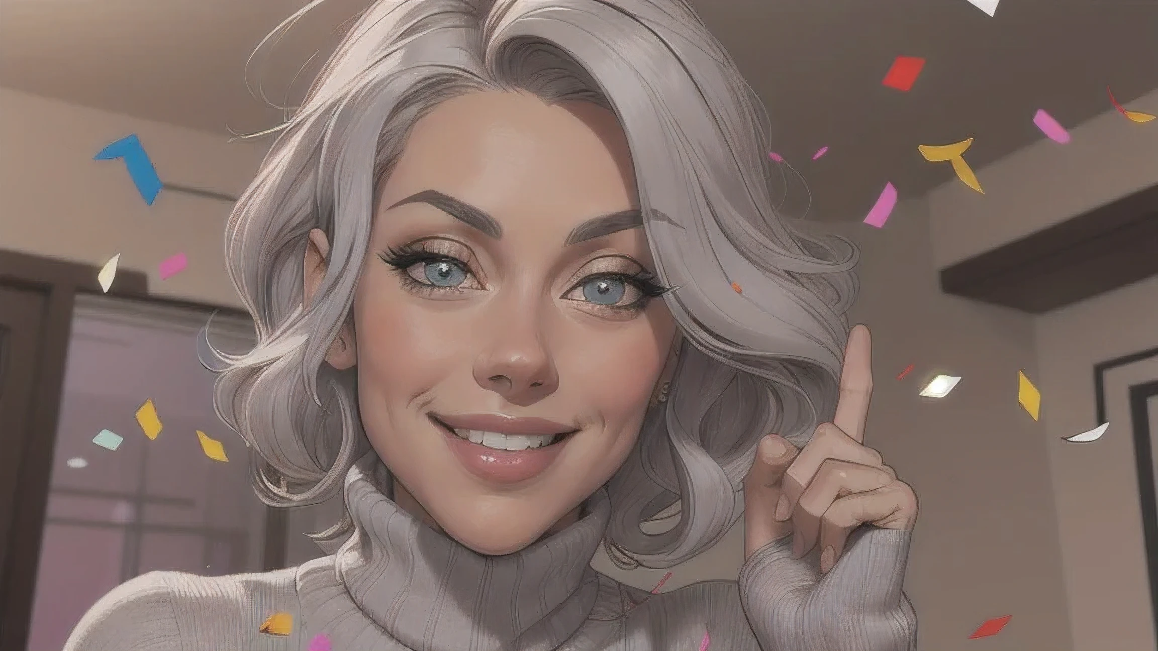 (cartoon style:1.2),  A drawing of ([jessica chatain|Kelly Ripa|Mila Kunis]), 60 year old woman with grey hair, wearing a loose turtleneck sweater, big smile, Perfect eyes, detailed face looking directly into the camera, with head straight,  bottom, funny pose, flirtatious look, confetti, custody