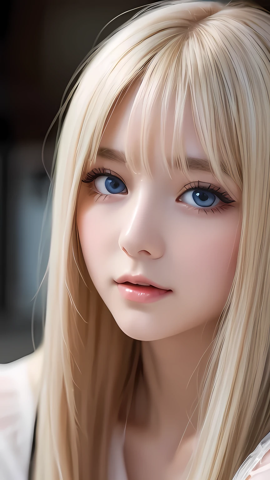 A perfectly beautiful face、Messy silky beautiful blonde hair、A beautiful 1 Scandinavian beauty、Very beautiful beautiful bright pale sky blue big eyes、Very long beautiful natural platinum blonde silky shiny hair、Long beautiful bangs、Very big eyes、Small Face Beauty、eyeliner、very white shiny skin、Gloss Face、Cheek gloss、Hair above the eyes、片Hair above the eyes、Hair between the eyes、