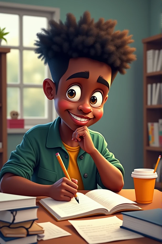 Caricature of a black hair guy college student while studiyng
