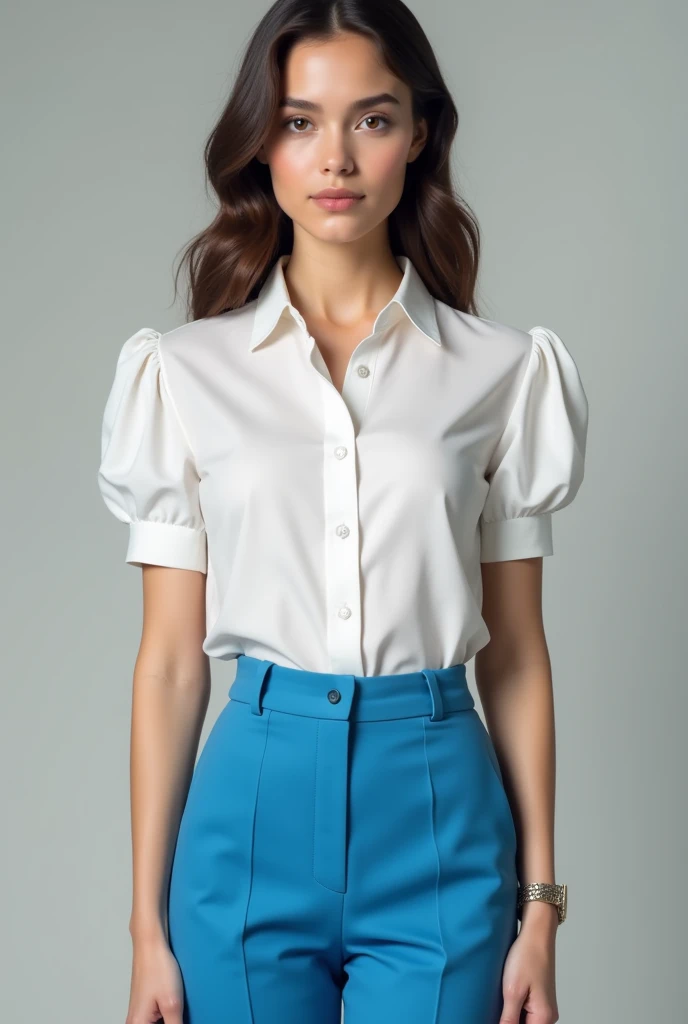 Semi-formal women&#39;s uniform with white Columbia-style shirt with short puffed sleeves and high-waisted cyan blue pants 
