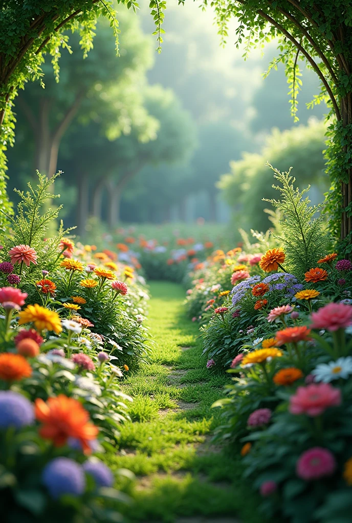The garden flourishing with vibrant, blooming plants.
Details: Lush greenery, colorful flowers, and a sense of growth and tranquility.