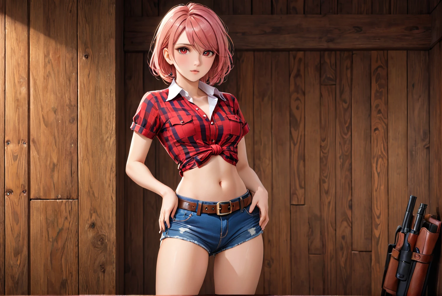 (((1 female:2.0))),(((NSFW:0.5))),(((Wearing denim hot pants:1.5))),(((Wear a red checked short-sleeved collared shirt:1.5))),(((Wear a gun belt with a holster:1.8))),((Put the watch on your wrist:1.5))),(((Exposed thin inner thighs))),(((Small breasts:1.5))),(((Navel exposed:1.5))),(((Bare arms))),(((Put your boots on:1.5))),((Blushed:1.8)), Beautiful detailed, Very detailed目と顔, 緻密でBeautiful Eyes, Very detailed, High resolution, Highest quality, masterpiece, Very detailed, 8k wallpaper, wonderful, finely, Highest quality,(Standing in front of a wooden wall),Beautiful Eyes,((Engage your audience:1.2))),((Drinking whiskey:1.0)),(((Strong sadness:1.6)))