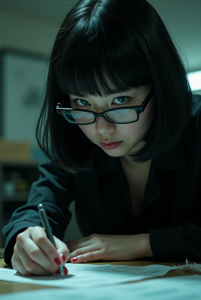 A girl who works in the forensic science department, who examines a crime scene, this girl is wearing a black shirt with black rectangular glasses black bob haircut green eyes