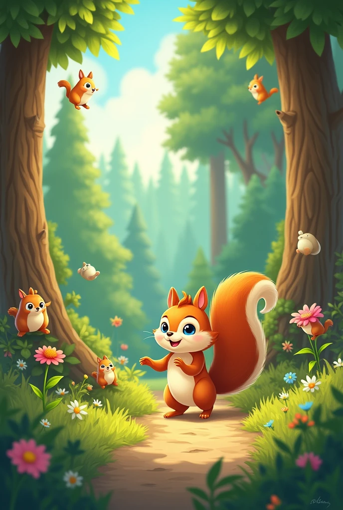 Once upon a time in a lively forest, there lived a little squirrel named Nutty. Nutty had the fluffiest tail and the brightest eyes, always brimming with curiosity. He spent his days exploring the forest, gathering nuts, and playing with his friends