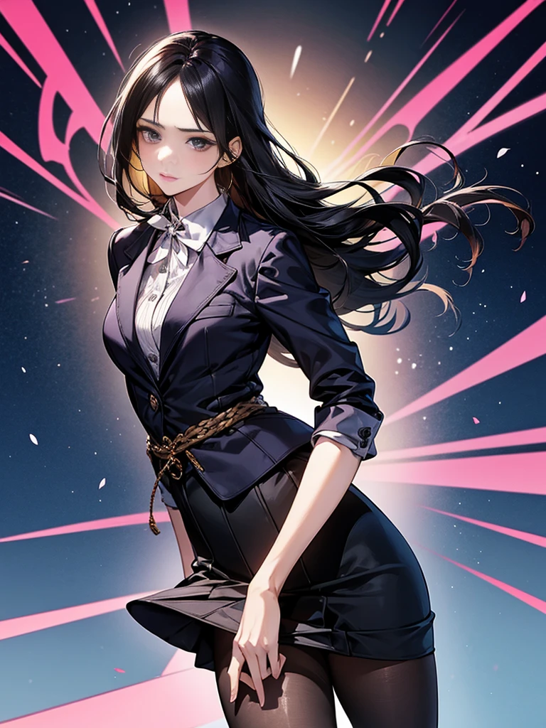 One adult woman with narrow eyes,career woman,Office Lady,pants suit,Jacket,ribbon,Tight skirt,pumps,lawyer,cool,gauze, Chanel,Forehead,Anatomically correct, accurate, masterpiece, Highest quality, Winner of numerous awards, Textured skin, retina, retina, Black Hair, Half-up hairstyle, solemn, Column Lineup,Cinematic light effects, Anime Style, Japanese illustration style, Half-up hairstyle, Very adult