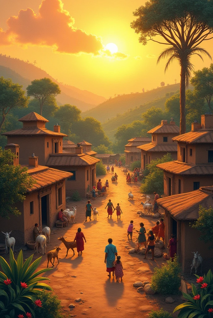 Natural view of village, sunset in village, humans and animals are there , village routine , Indian village 