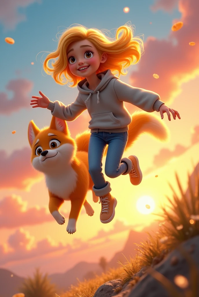 create an AI animated young and beautiful girl character the dress is Blue jeans and grey Hudy and yellow colour hair and a beautiful pet .The character is fly closer to at the side of sunrise . Make sure the text is not mispelled.