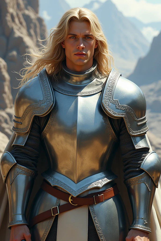 A strong young man in a silver plate armour with long blond hair using a sword