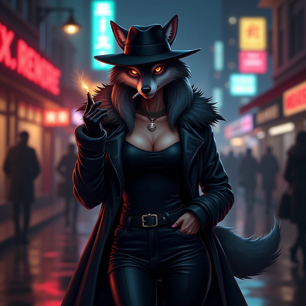 Anthropomorphic,furry wolf, female,mafia boss, seductive, menacing,black sweatshirt,black leather pants, pendant,black leather jacket,hat,heels, gloves,soft tail,grey fur,furry body,crimson eyes,confident posture,round hips,big chest, cigarette,night city
