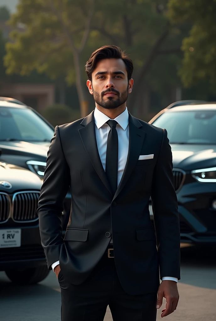 Pic of pakistan high legendary class young buisness man with with his 3 black toyota revo car and v8 car with his guards