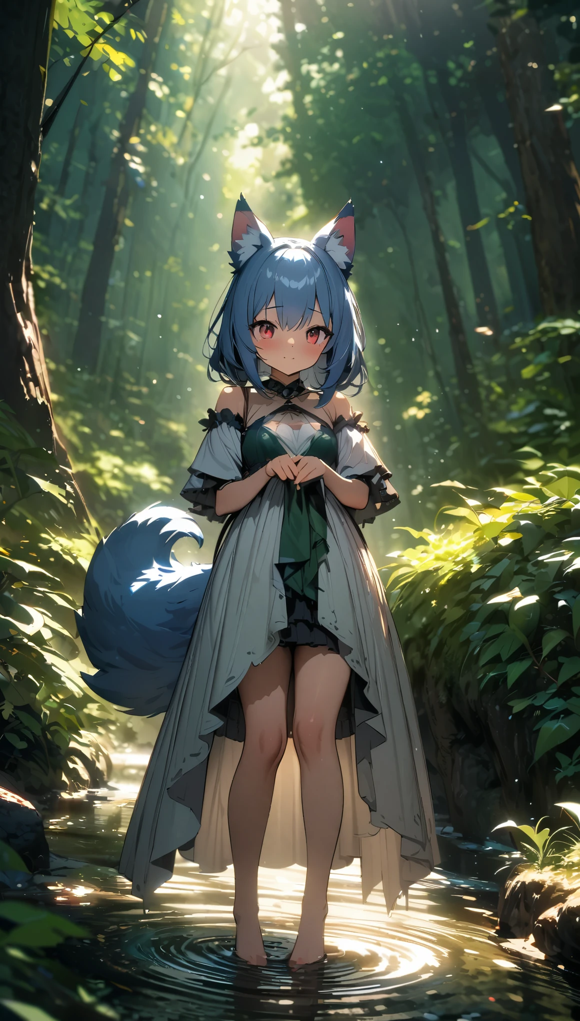 anime、Highest quality、Highest quality、Ultra-detailed、(masterpiece:1.2),Very absurd、4K,8k,Gray wolf woman living in the forest、cute、Wolf Ears、Wolf Tail、tooth、(Red Eyes:0.8),Looking at this、In the dense forest、The sunlight filtering through the trees creates a mysterious atmosphere.、A small stream flows at my feet