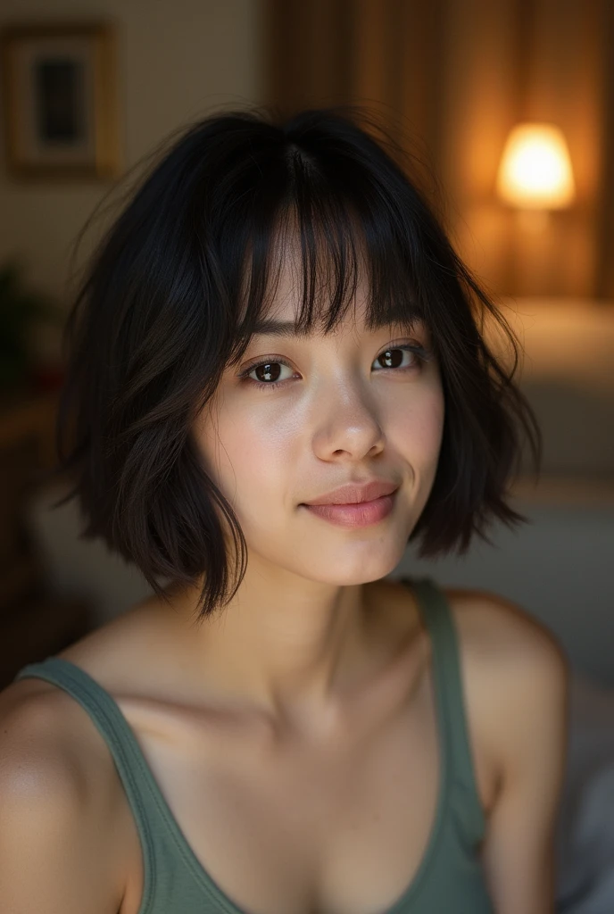 1, bob hairstyle, self-taken photo, in the room