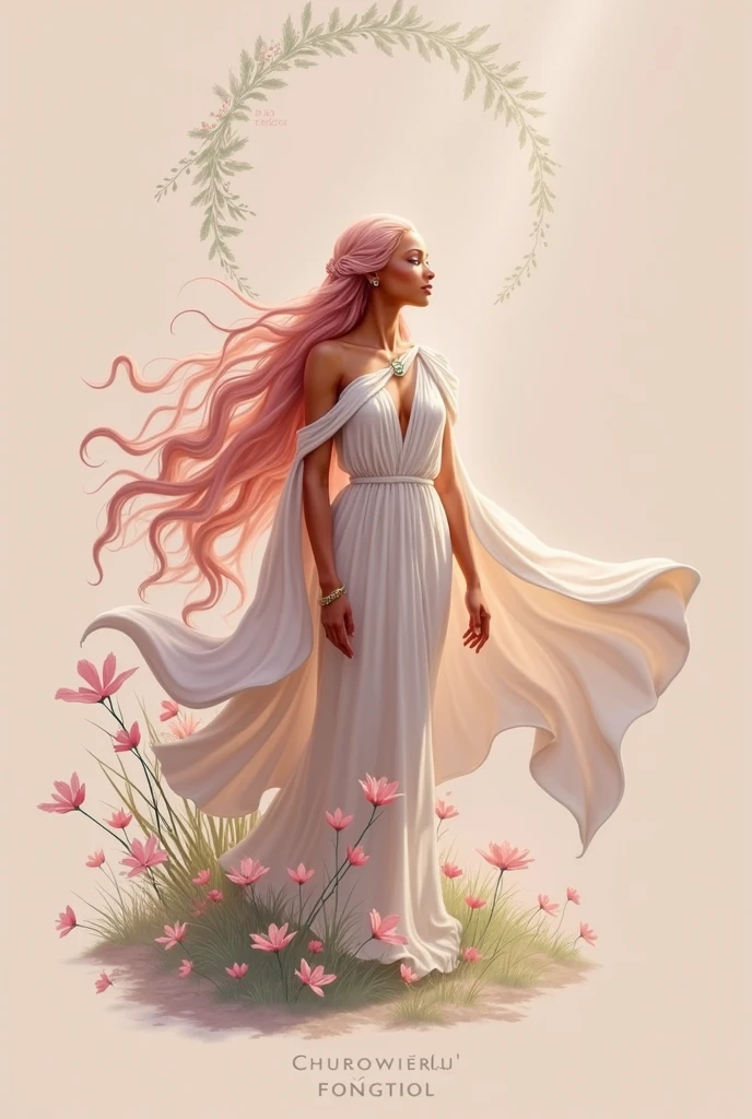 Spring goddess, deep brown skin, long light pink hair, in a forest, nature, floral white Greek style dress, green eyes, meadow