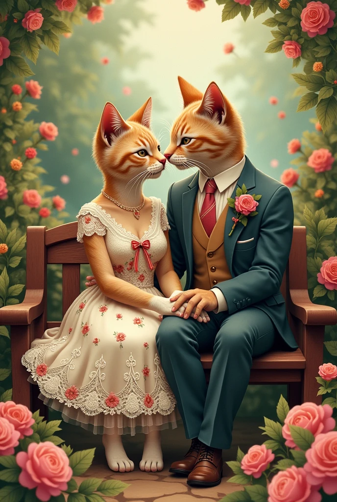 A couple in love , mother cat in a knitted lace dress decorated with flowers and ribbons and father cat in a formal suit sit on a carved bench in a blooming garden, Retro style