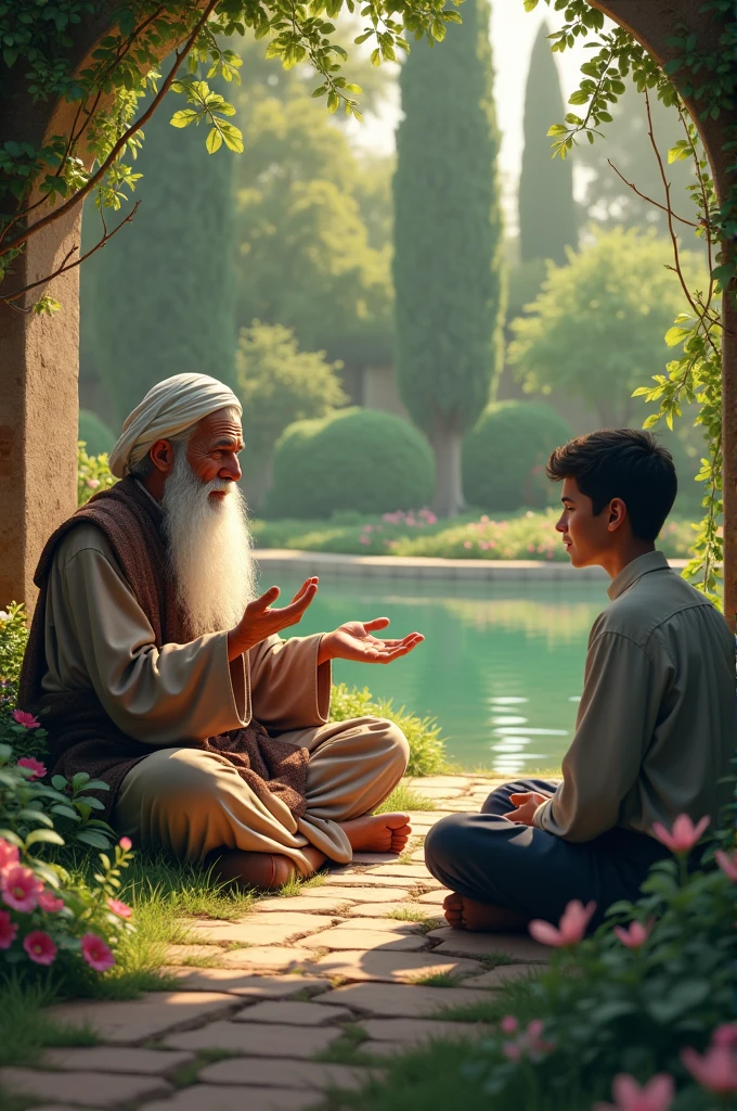 Baba Fareed and the young man sitting amidst the blooming garden, with Baba Fareed sharing wisdom.
Details: A peaceful conversation with the young man listening intently, surrounded by the beauty of the garden.