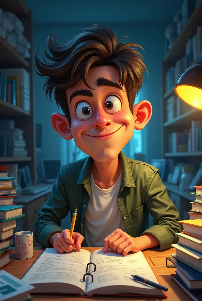 Caricature of a guy college student while studiyng