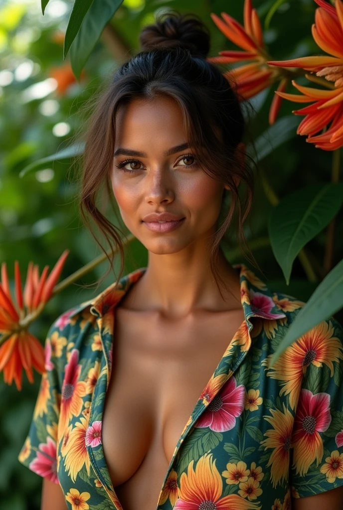 A Brazilian woman in a lush tropical garden, wearing a low-cut shirt with a floral print, with a close-up capturing the harmonious beauty between her breasts and the natural flowers, showing off your natural charm and outgoing personality.