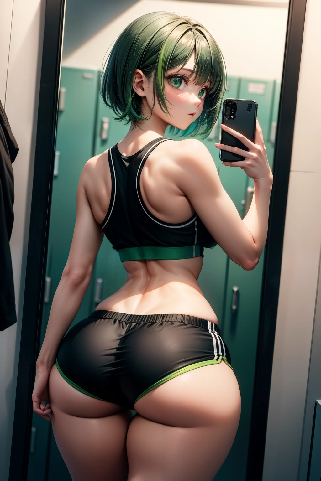 selfie, hair behind ear, makeup, light green hair, green hair, black hair, green and black gradient hair, short hair, straight hair, bangs, green eyes, (small breasts:0.7), short shorts, gym shorts, sports shorts, sports bra, black bra, black shorts, thick thighs, wide hips, thigh gap, thin waist, uniform, gym, gym eqiupment, gym background, mirror, mirror selfie, lockerroom, lockers, from behind, looking back, ass focuz