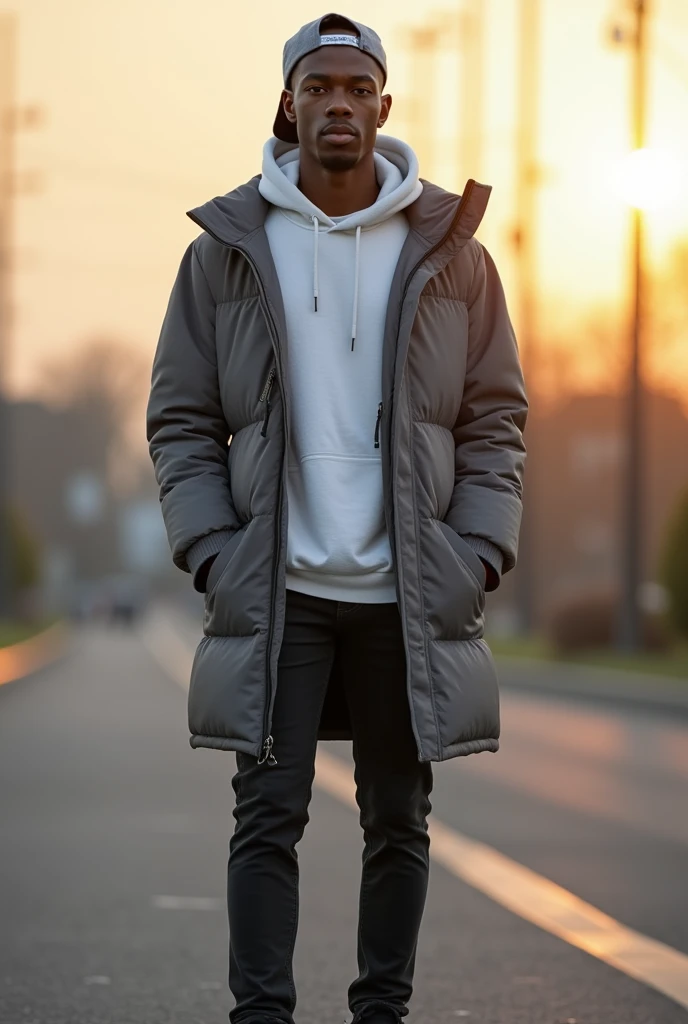 best qualityer:1.4), (ultra high resolution:1.2), (photorrealistic:1.4), (8k, CRU photo:1.2), 1 young black man, 20 years old. he is wearing a white shirt, gray puffer coat on top. He is wearing black jeans. Corte de cabelo buzzcut. He's wearing a gray cap backwards. He's wearing black sneakers. is sitting in a chair. Corte de cabelo buzzcut. thin build. It's not blurry in the background. thin build. thin build. has 1.75 tall. There is a sun . best qualityer:1.4), (ultra high resolution:1.2), (photorrealistic:1.4), (8k, CRU photo:1.2), 1.75 tall. The camera focuses on the face.