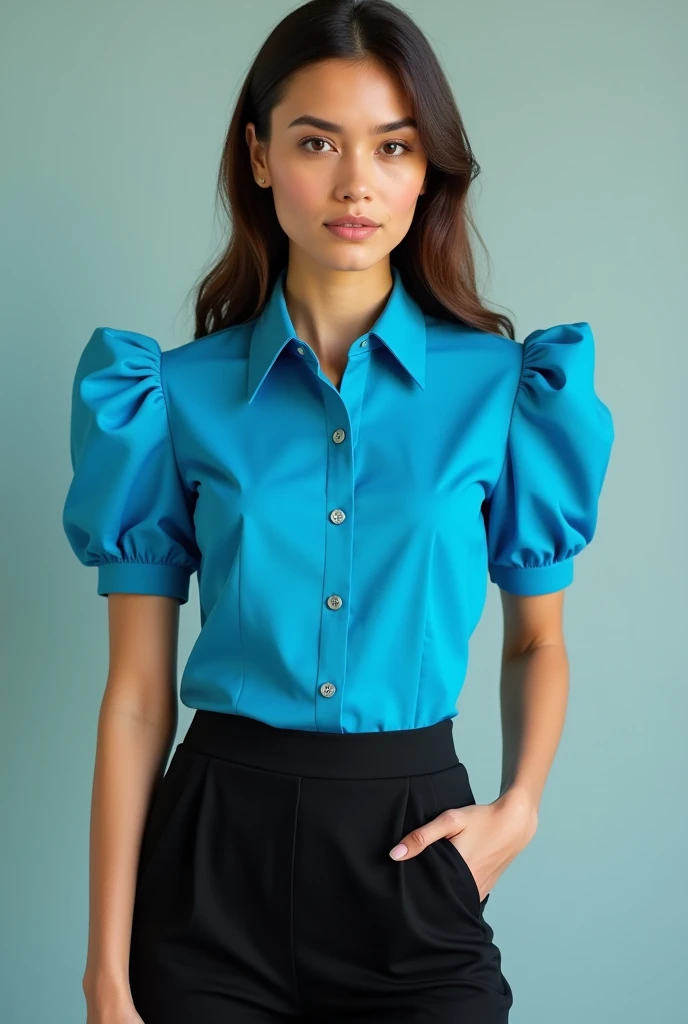 Semi-formal women&#39;s uniform with a cyan blue Columbia-style shirt with short puff sleeves and black high-waisted pants
