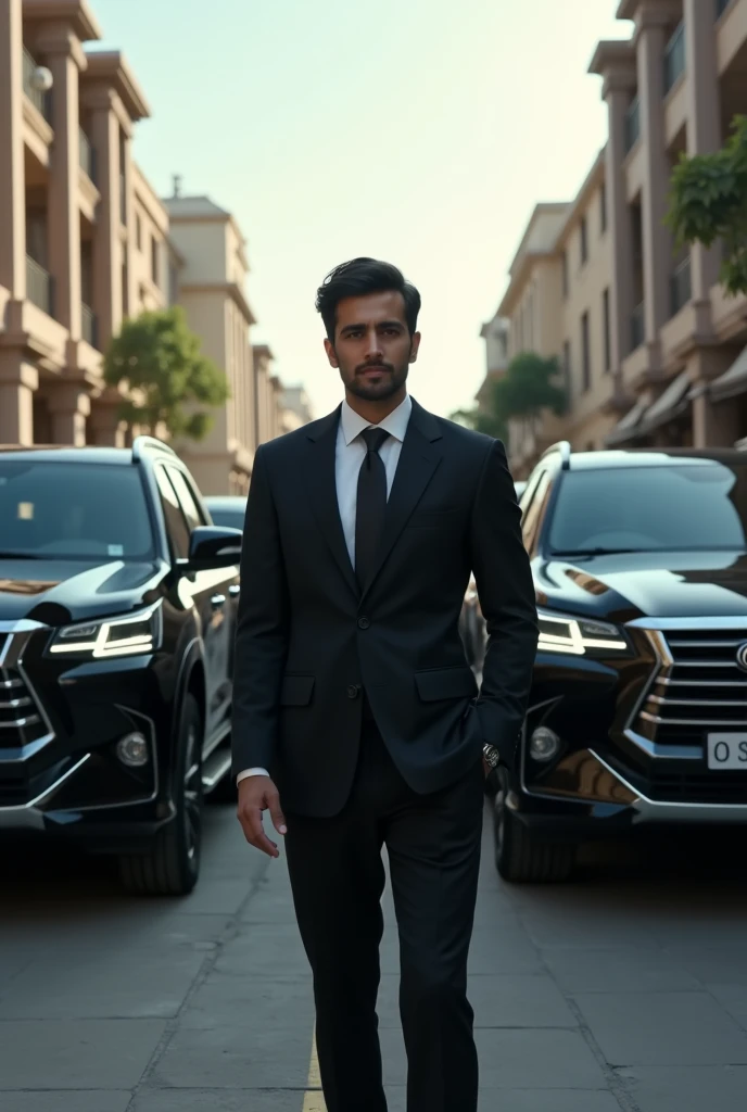 Pic of pakistan high legendary class young buisness man with with his 3 black toyota revo car and v8 car with his so manyguards