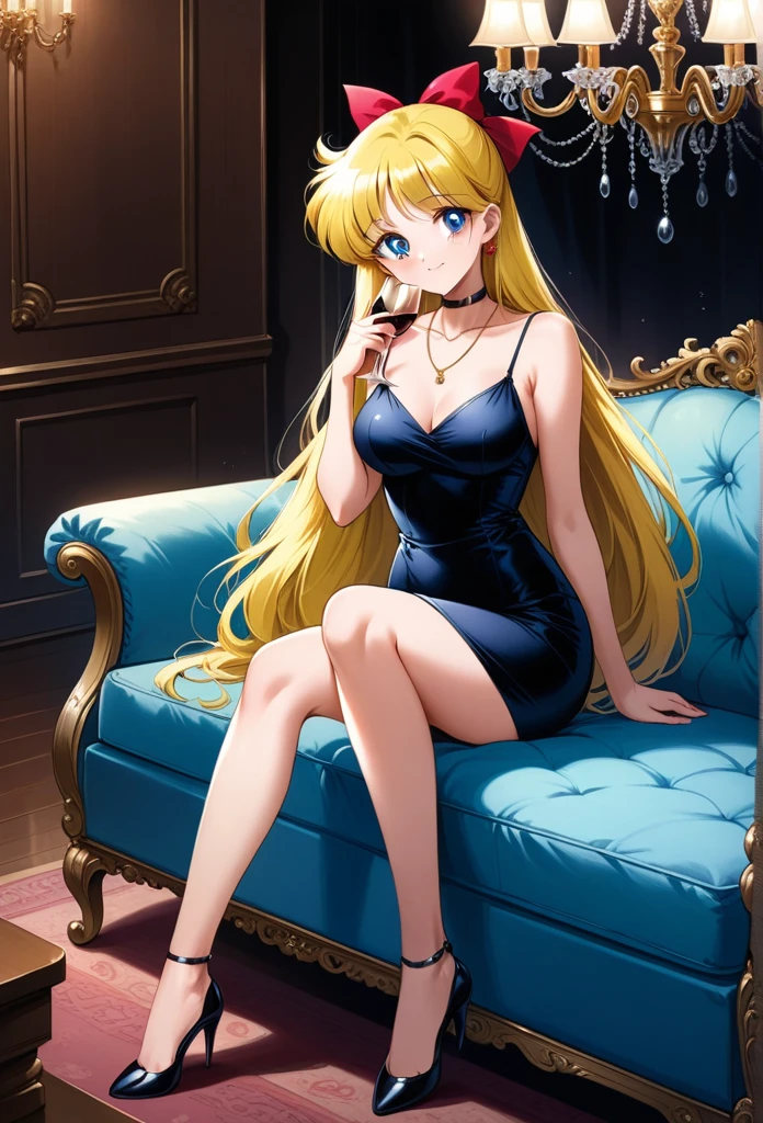 (masterpiece, best quality, very aesthetic, ultra detailed), intricate details, 4k, aavenus, long hair, blonde hair, hair bow, earrings, blue eyes, taut dress, spaghetti strap, sleeveless, sitting, necklace, indoors, sofa, chandelier, (holding cup:1.2), wine glass