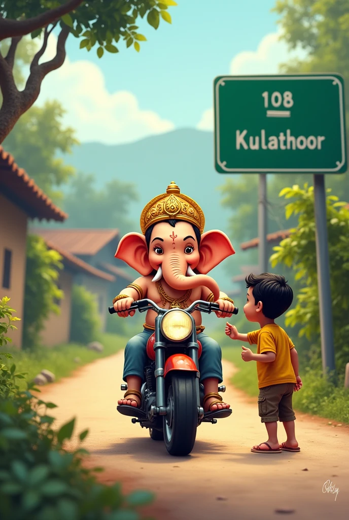 Little cute ganesh is riding a motorcycle in a village road. A boy is asking for lift. talking to him. A green colour road signboard is there and wrote KULATHOOR 2KM