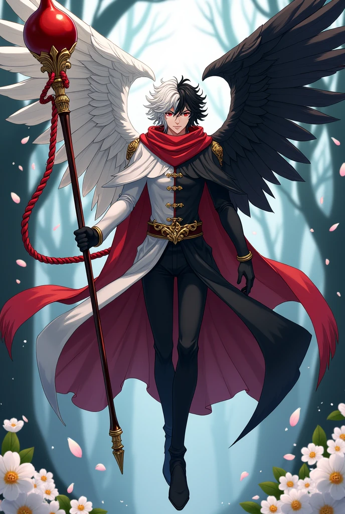 A male man but he has an androgynous appearance having curly hair white on one side and black on the other he is wearing the cloak that on one side is black and on the other is white he has two wings the angel wing is on the black side of the cloak and on the white side of the cloak there is a demon wing on the waist there is a large red scarf that is moving with the wind the man is holding in his left hand an ornate magic staff It is red with gold details has a huge red rope tied to the staff holding a gourd he is flying and is in a place full of trees with white flowers but with black trunks has some petals flying the image has to be in anime