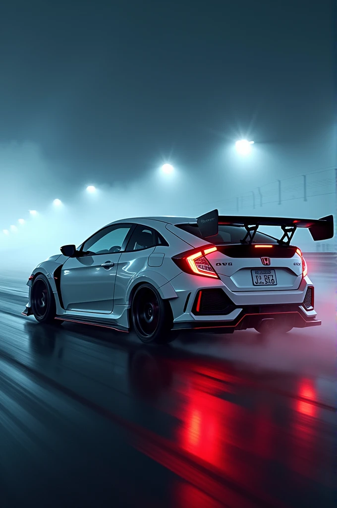 Honda civic with body kit racing on racetrack at night and fog
