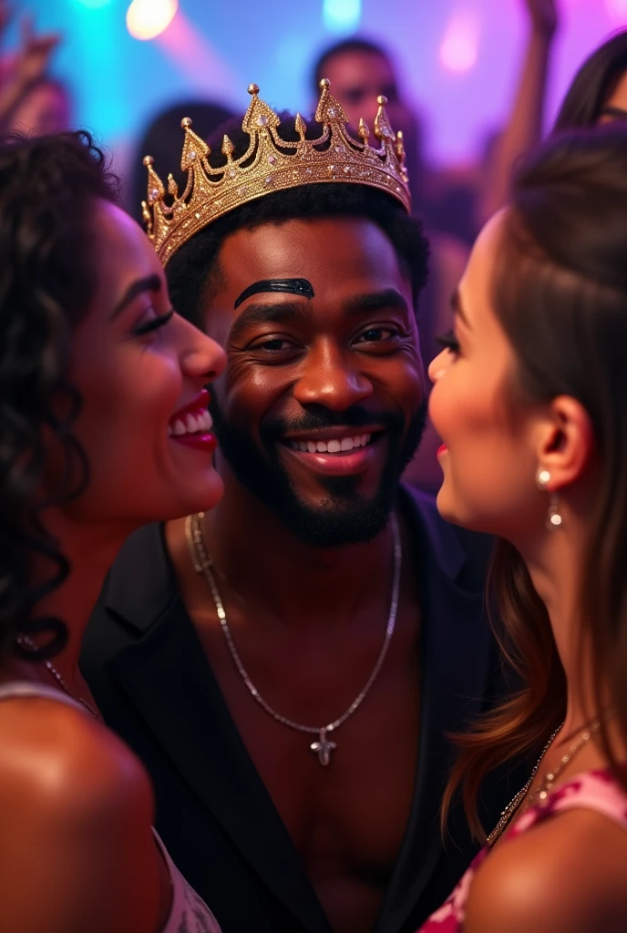 A black man with a line on his eyebrow and a crown smiling with several girls in love with him wanting to kiss him at a party