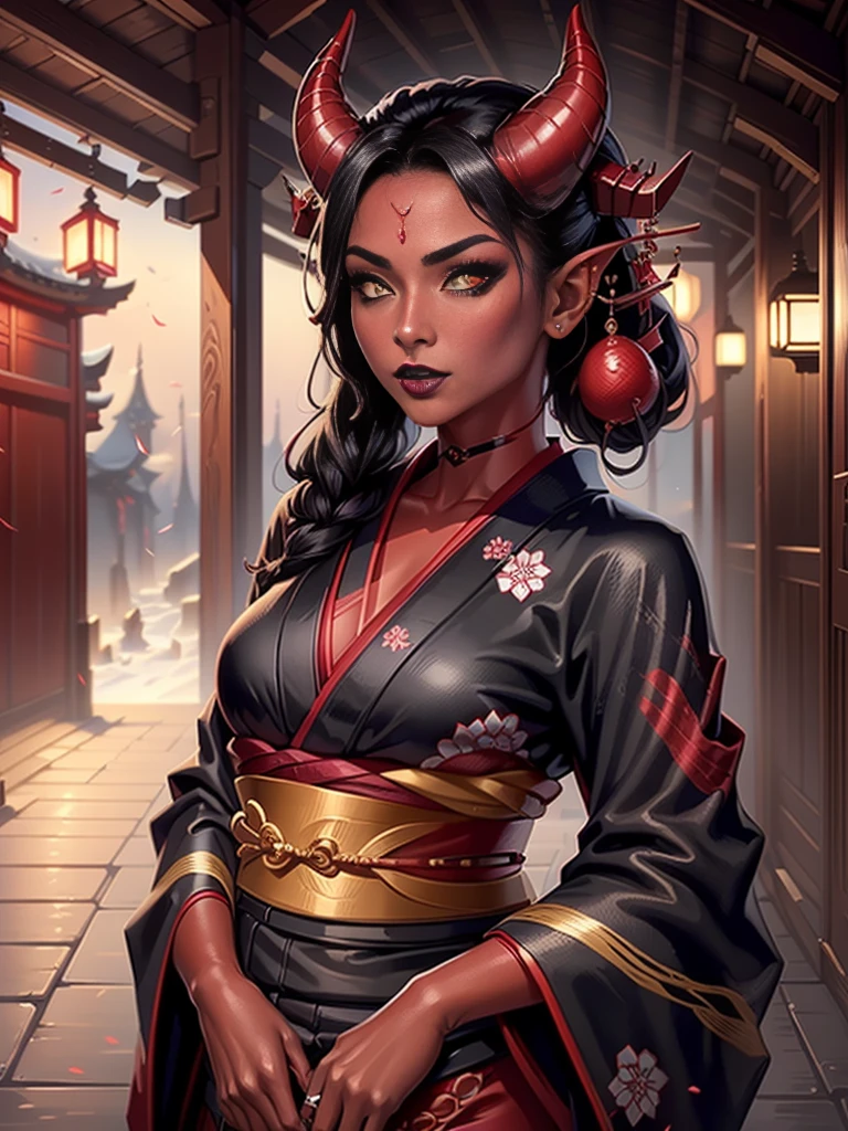 1girl, female, solo, tiefling, ((red skin, red colored skin, deep red skin)), Woman, jewelery, ear piercings, (straight black horns, black oni horns), black hair, long hair, yellow eyes, black lips, choker, goth, horn ornament, armour, ((master piece, best quality)), horns, pointed ears, make-up, black lipstick, (face detailed), face focus, portrait, fully body, (kimono:1.2), wearing black kimono, long flowing kimono, natural breasts, medium breasts, (red skin)