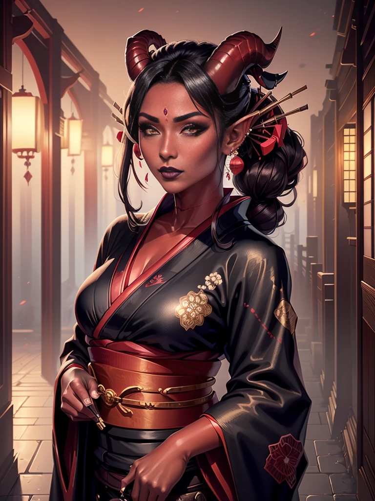 1girl, female, solo, tiefling, ((red skin, red colored skin, deep red skin)), Woman, jewelery, ear piercings, (straight black horns, black oni horns), black hair, long hair, yellow eyes, black lips, choker, goth, horn ornament, armour, ((master piece, best quality)), horns, pointed ears, make-up, black lipstick, (face detailed), face focus, portrait, fully body, (kimono:1.2), wearing black kimono, long flowing kimono, natural breasts, medium breasts, (red skin)