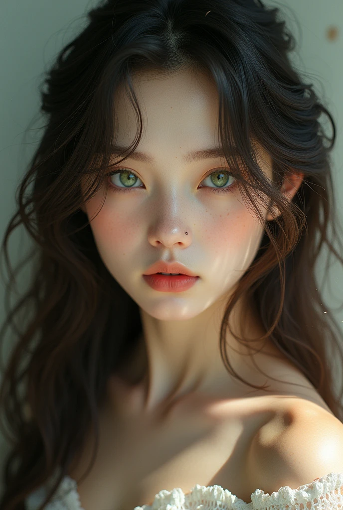 long dark hair sun-bleached a lighter brown at the tips, the pale white skin with green eyes