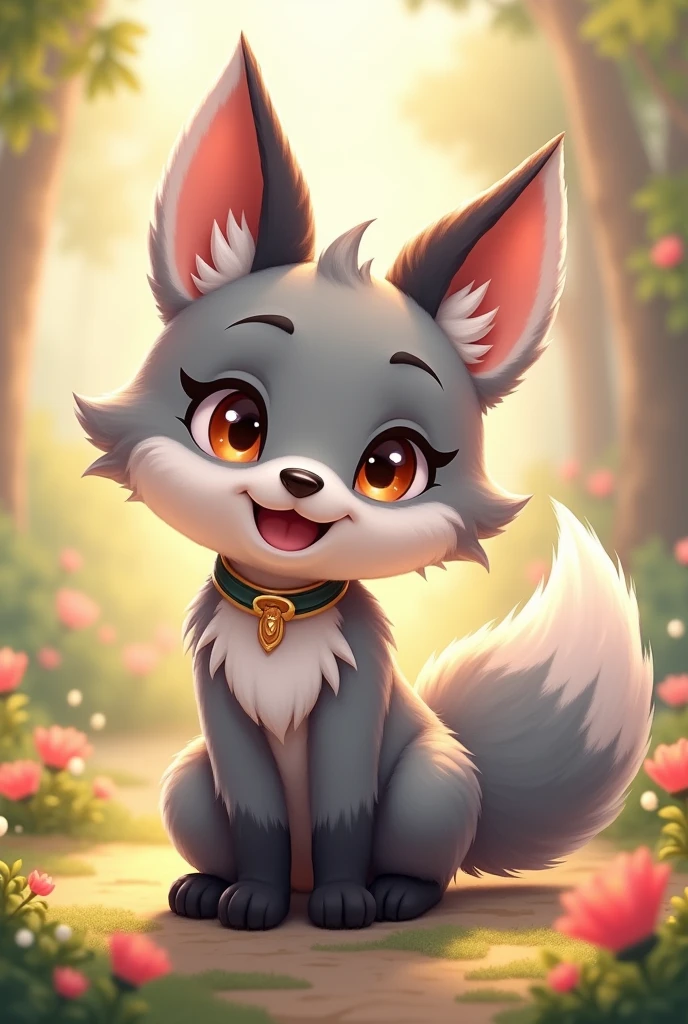 (masterpiece, top quality, best quality, official art, beautiful and aesthetic:1.2), score_9, score_8_up, score_7_up, score_6_up, source furry, anthro, vulpera, female, raised tail,  full body, solo, cute expression, multicolored body, black nose, cute fangs, pink eyes, spiked collar, detailed background, forest, night, back view, grey fur