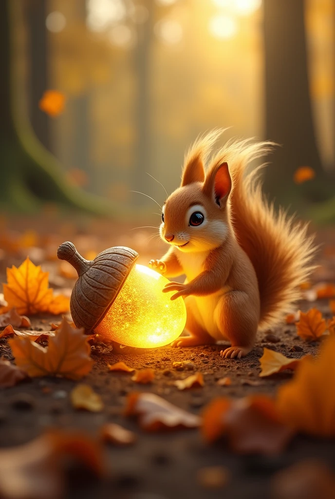 One sunny morning, Nutty discovered something unusual: a golden acorn half-buried under a pile of leaves. It sparkled in the sunlight, and Nutty's eyes widened with excitement. He had heard tales from the wise old owl about a magical acorn that could grant a single wish.