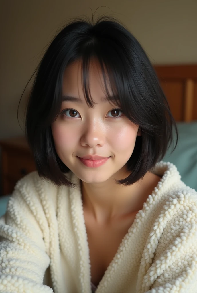 
1, bob hairstyle, self-taken photo, in room, fluffy loungewear