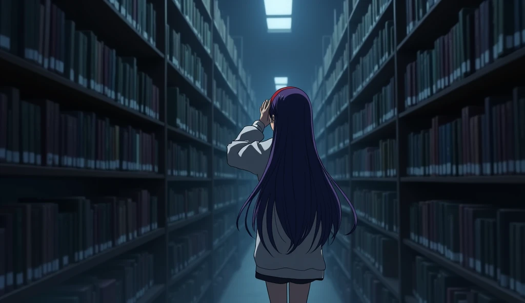 May ((A female student with long, dark purple hair that reaches the middle of her back. She always wears a red headband)) suddenly wakes up to a strange noise. She rubs her eyes and looks around the library, which now seems different. The dim lights create a scary atmosphere. She feels uneasy and notices that more time has passed than she thought.
She stands up and looks around, noticing the bookshelves seem to move slightly in the shadows. She hears faint footsteps coming from a distance.