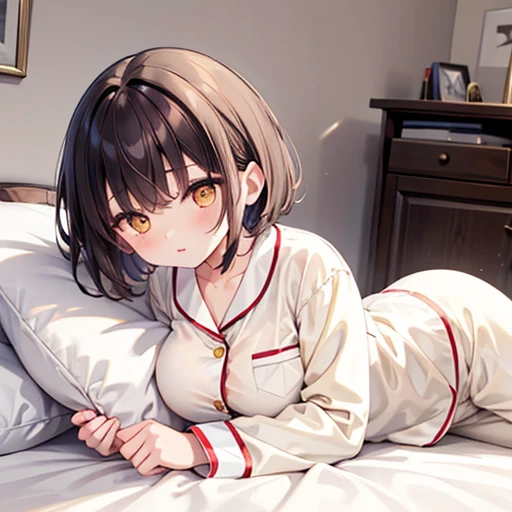 Brunette color hair,Short fine hair,With bangs,Yellow Eyes,Adorable,,White long sleeve pajamas,Pajamas in white pants,Bedroom with warm background,Lie down in bed,Large Breasts