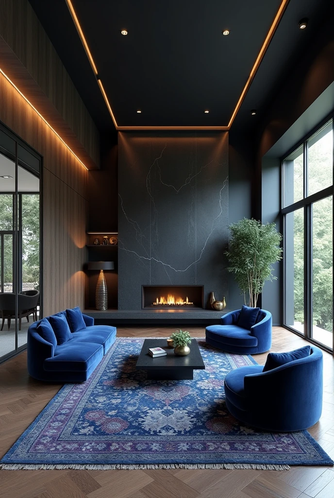 Professional 3d architecture rendering design of modern living room with dark gray and so dark vintage blue floranca velvet sofa set and medium flouting dark gray marble fireplace and brown laminate and elegant and modern accessories and modern windows and black slab stone middle table and elegant ceiling lighting and elegant dark blue Persian carpet
