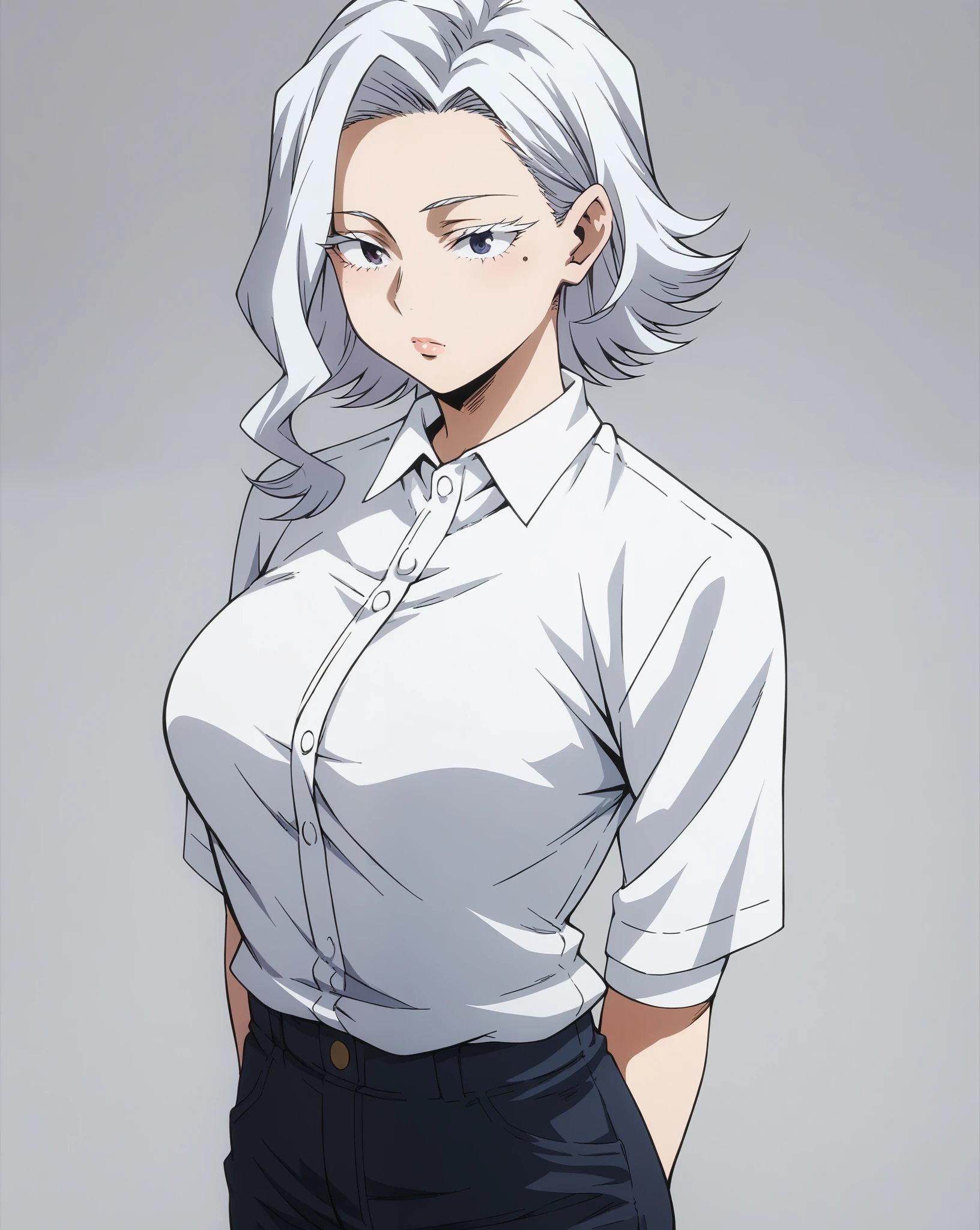 score_9, score_8_up, score_7_up, score_6_up, score_5_up, score_4_up, source_manga, rating_safe, by Kohei Horikoshi, 1girl, body shot, pale skin, beauty mark under one eye, curious expression, large eyelashes, white shirt, big breasts, black pants, white hair,
