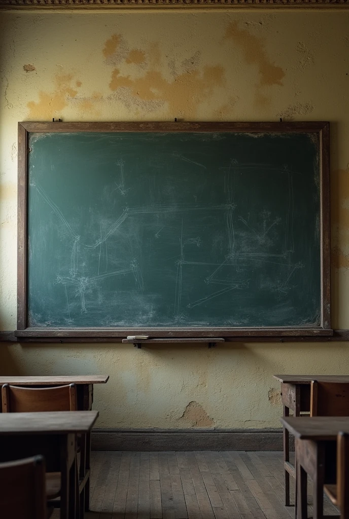 An old classroom blackboard that is glued to the wall A large, not so old one that is horizontally a little larger 
