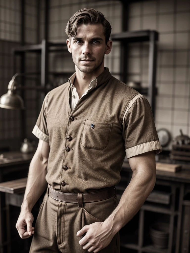 England、Industrial Revolution、1900s、male、whole body、Looking straight at the camera、Accurate depiction of limbs、Sepia、Long sleeve、Short sleeve、Slim figure、shirt、suspenders、laborer、