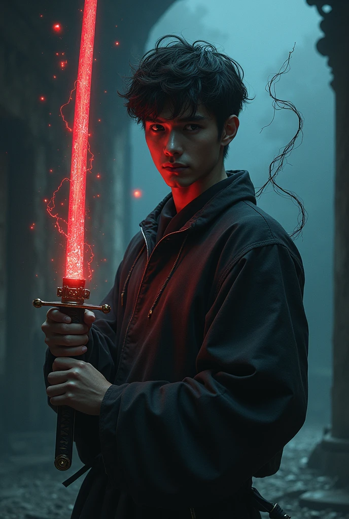 A 20 year old boy getting a katana in his hands and that  katana contains a evil spirit after words that boy gets immense power up and than a evil show up 