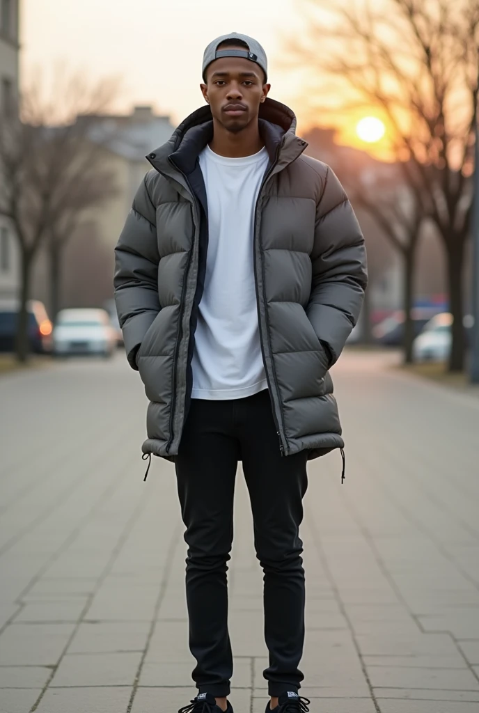 best qualityer:1.4), (ultra high resolution:1.2), (photorrealistic:1.4), (8k, CRU photo:1.2), ung black man, 20 years old. he is wearing a white shirt, gray puffer coat on top. He is wearing black jeans. Corte de cabelo buzzcut. He's wearing a gray cap backwards. He's wearing black sneakers. is sitting in a chair. Corte de cabelo buzzcut. thin build. It's not blurry in the background. thin build. thin build. has 1.75 tall. There is a sun . best qualityer:1.4), (ultra high resolution:1.2), (photorrealistic:1.4), (8k, CRU photo:1.2), 1.75 tall. The camera focuses on the face.
